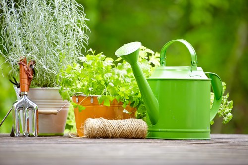 A garden scene featuring a weathered wooden surface with various gardening tools and potted plants, including a green watering can, a small terracotta pot with lush green herbs, and a larger white pot with a silver watering fork, all arranged in front of a blurred background of vibrant green foliage. The garden setting suggests outdoor maintenance or planting activity typical of landscaped yards in Battersea, with natural light illuminating the scene. The tools and plant containers indicate ongoing gardening efforts, matching services offered by Gardening Services Battersea for lawn care, plant upkeep, and garden decoration, aligned with the area’s outdoor maintenance needs.